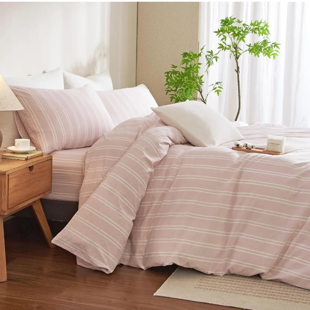 Duvet Cover Full Size Pink White Striped Duvet Cover Set Washed Cotton New
